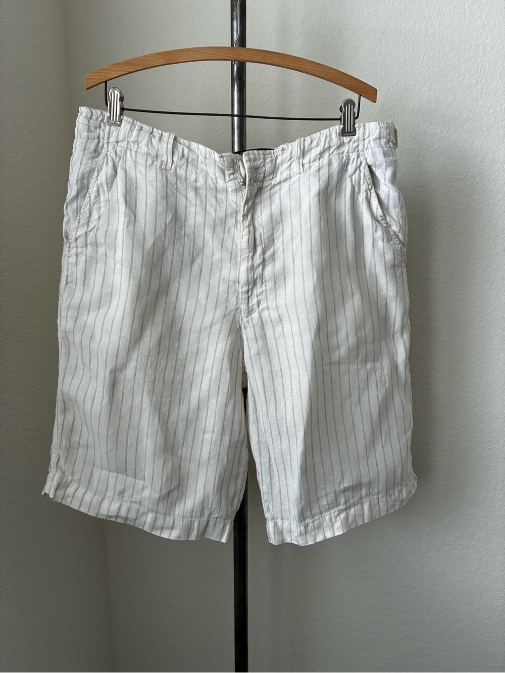 As-Is Zenga Sport Mens sz 36 Long Loose Linen Shorts Striped White Khaki
